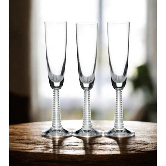 3 Antique Crystal Champagne Flutes With Ringed Beehive Flare Stems. Very Unique - Picture 2 of 7